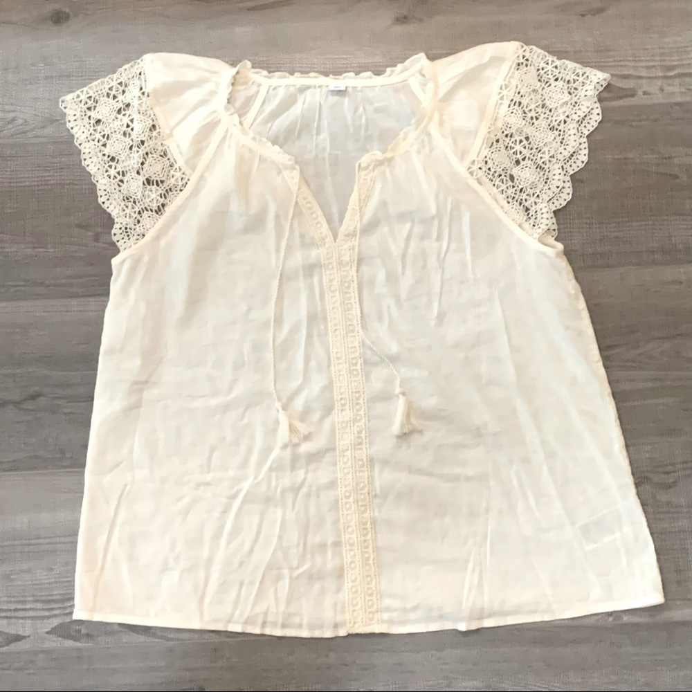 Cream Old Navy Shirt with Crocheted Sleeves